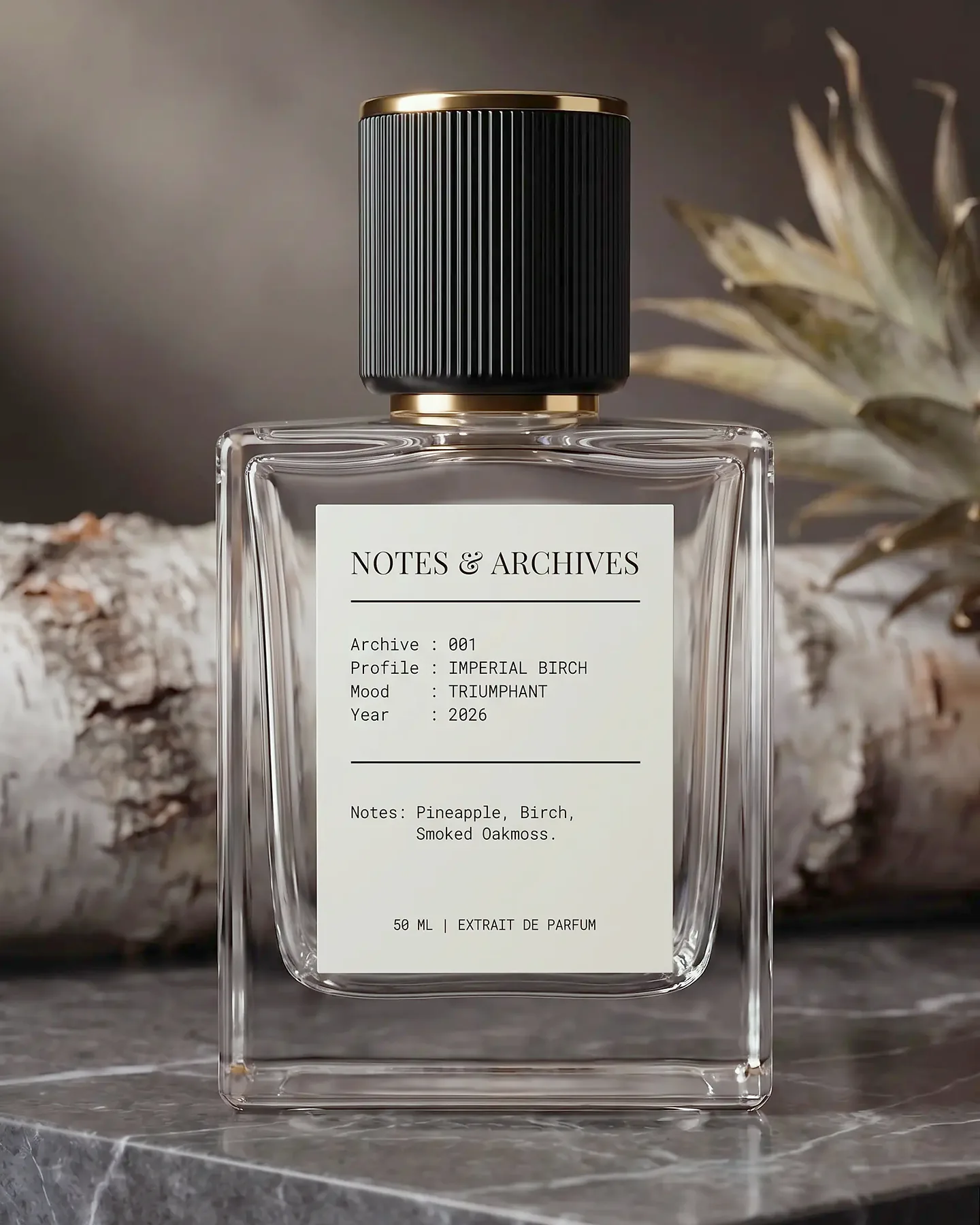 Archive 001: Imperial Birch, a 50 ML extrait de parfum bottle with its cream archive label.