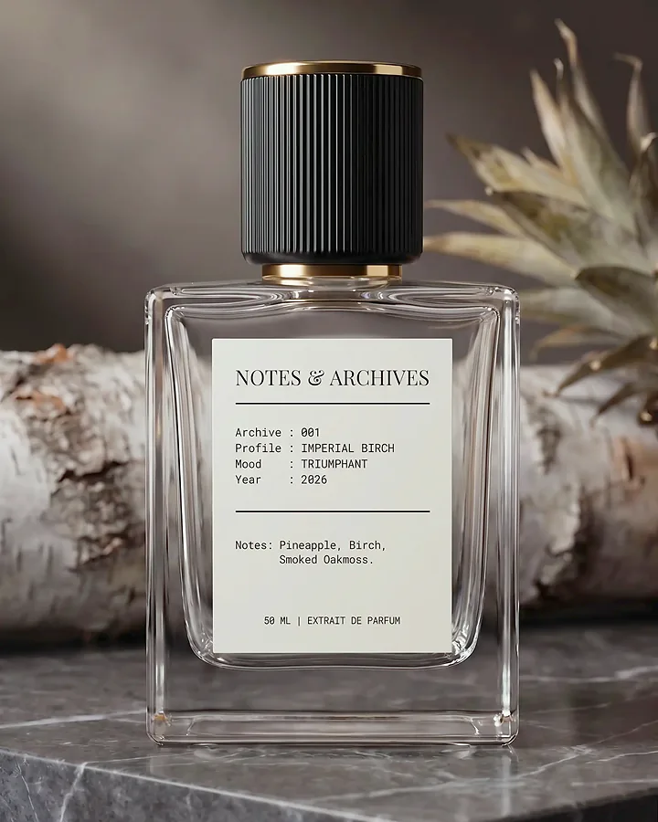 Archive 001 Imperial Birch, a 50 ML extrait de parfum bottle with a cream archive label, photographed with birch and stone.
