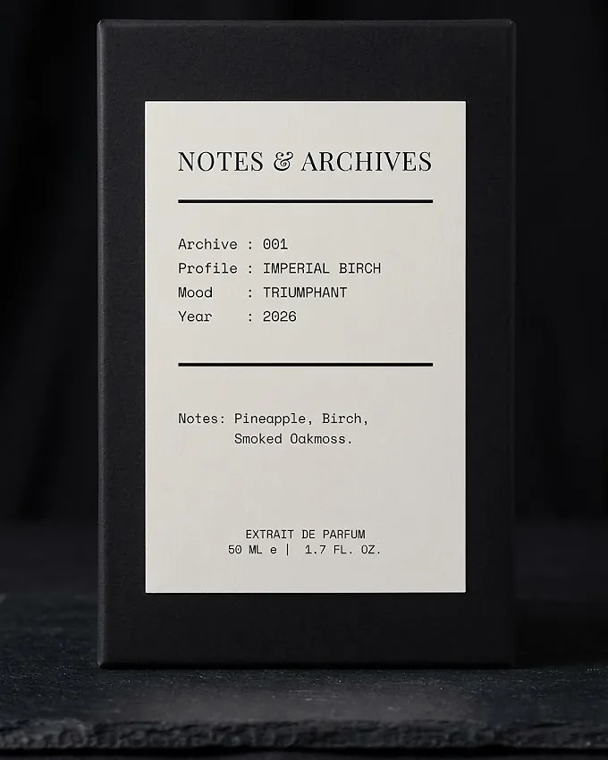 The rigid slider box for Archive 001: Imperial Birch, its cream label printed with the archive number, profile, mood and notes.