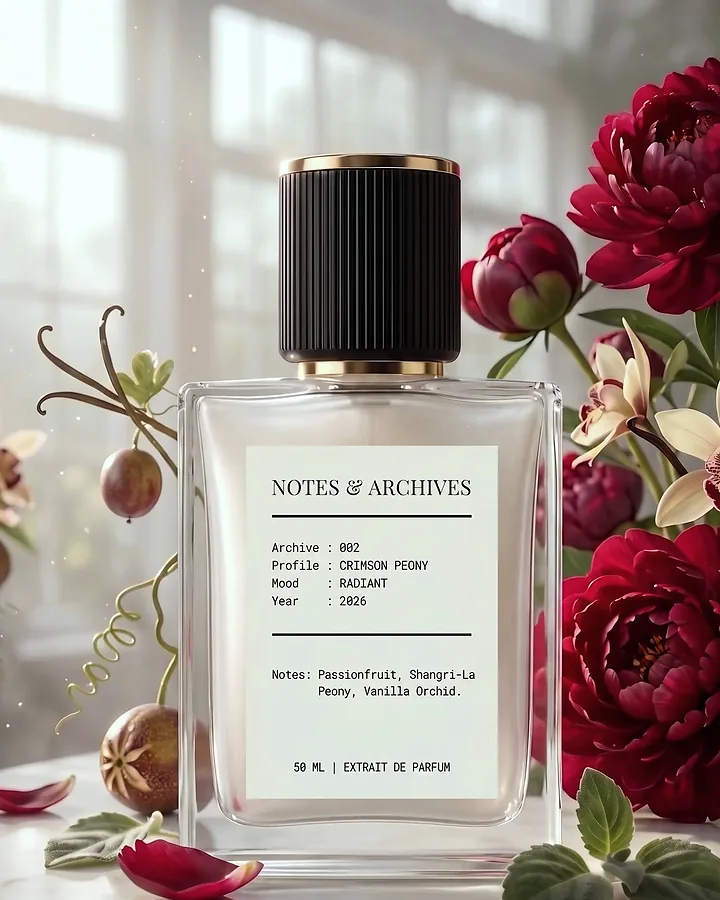 Archive 002 Crimson Peony, a 50 ML extrait de parfum bottle photographed with crimson peonies and vanilla pods.