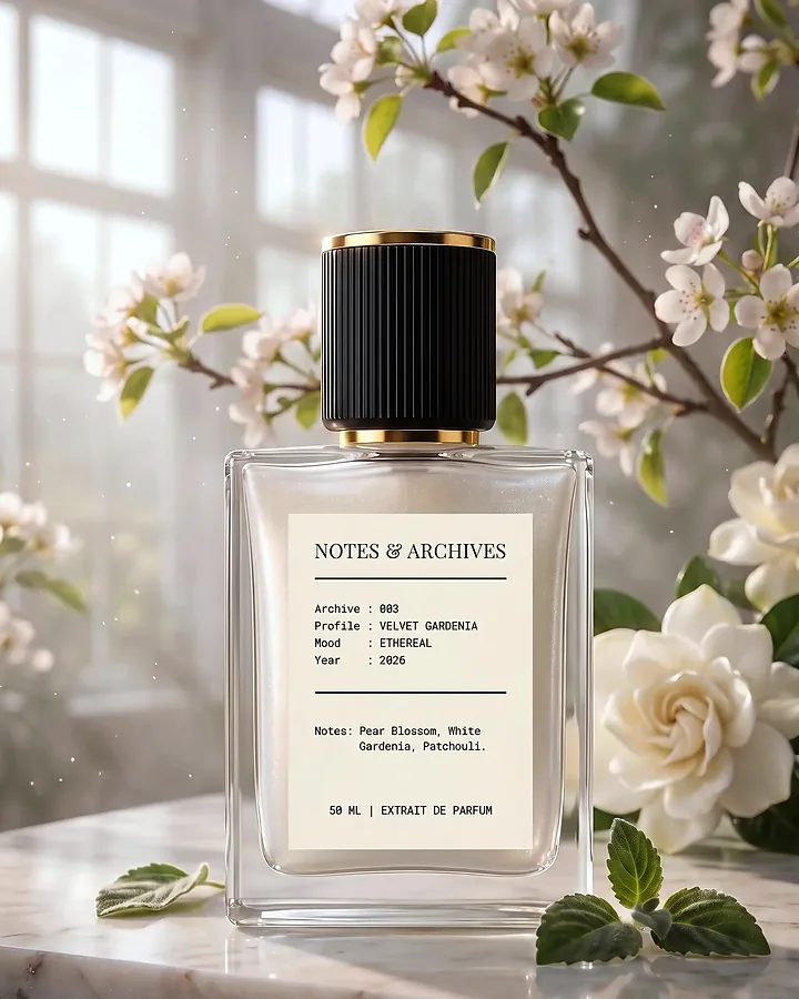 Archive 003 Velvet Gardenia, a 50 ML extrait de parfum bottle photographed with pear blossom and white gardenia.