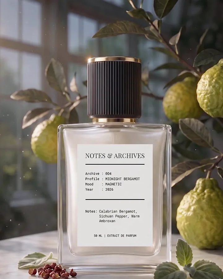 Archive 004 Midnight Bergamot, a 50 ML extrait de parfum bottle photographed with bergamot and peppercorns.