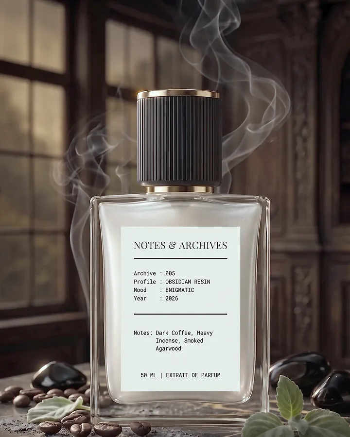 Archive 005 Obsidian Resin, a 50 ML extrait de parfum bottle photographed with coffee beans, obsidian and incense smoke.